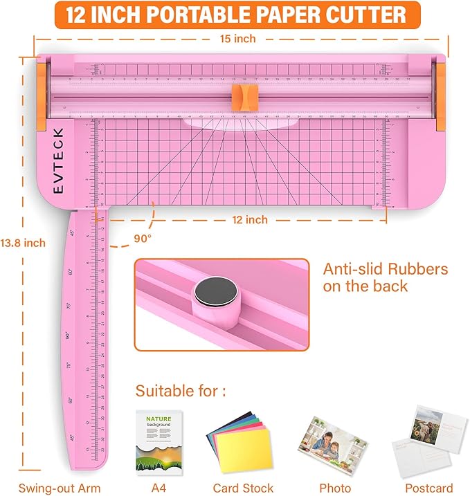 Evteck Paper Cutter 12 Inch Paper Trimmer Slider Crafting Scrapbooking Supplies for A4 Vinyl Photo Cardstock with Security Blade and Foldable Ruler