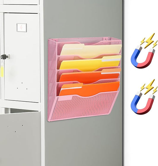 EASEPRES Magnetic 5 Pocket Mesh Hanging File Organizer, Wall Mounted Mail Paper Document Folder Holder, Clipboard Storage Organization Magazine Rack with Nametag Label for Office Home School, Pink