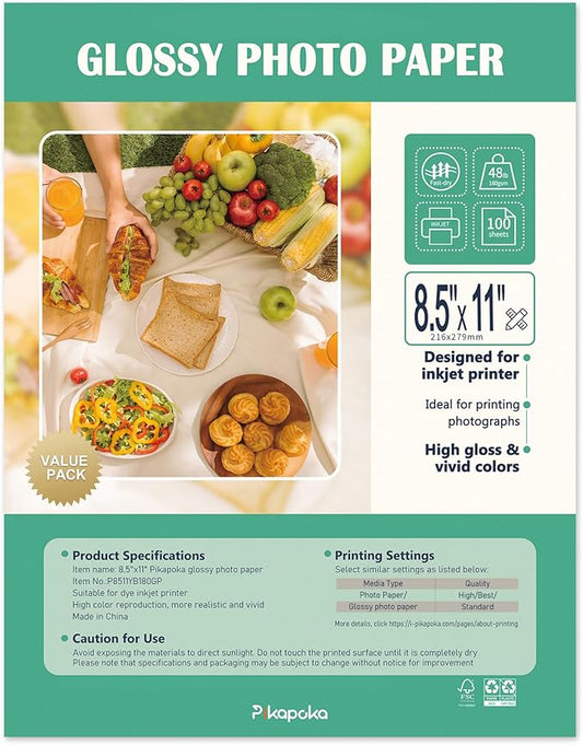 Glossy Photo Paper 8.5x11 48lb, 100 Pack, US Letter Size, for Inkjet Printer, 180 gsm