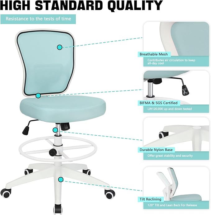 Drafting Chair Adjustable Height Tall Office Chairs Standing Desk Chair Rolling Stool Chair Armless Office Drafting Chair Blue