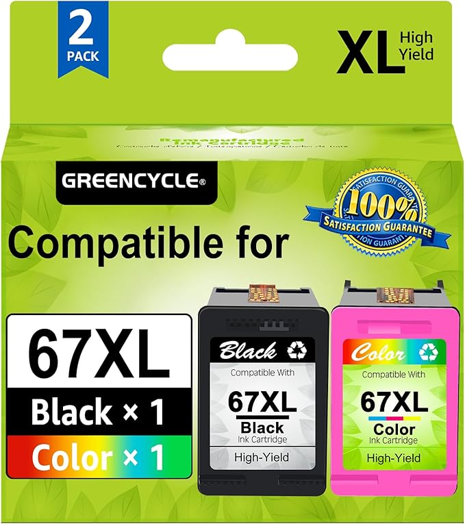 greencycle 67XL Remanufactured Ink Cartridge Compatible with HP 67 XL DeskJet 1255 2722 DeskJet Plus 4122 4123 4132 Envy 6052 6055 Envy Pro 6452 6455 Printers (Black 1 Pack, Tri-Color 1 Pack)