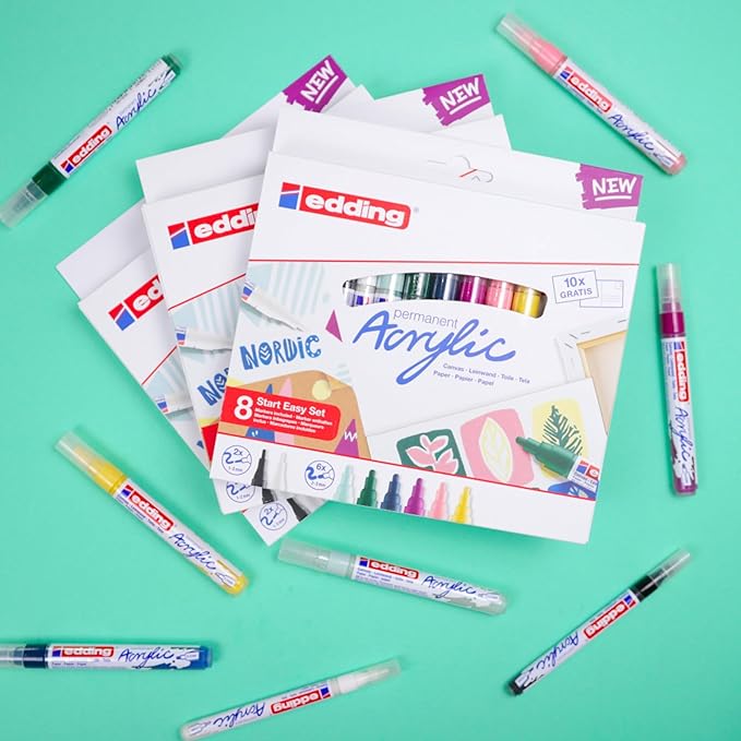 Edding Start Easy Set - Acrylic Paint Pens, Waterproof; Fine and Medium Nib, Incl. Postcard Pad - Set of 8 Pens - Nordic - For Canvas, Wood, Rock Painting