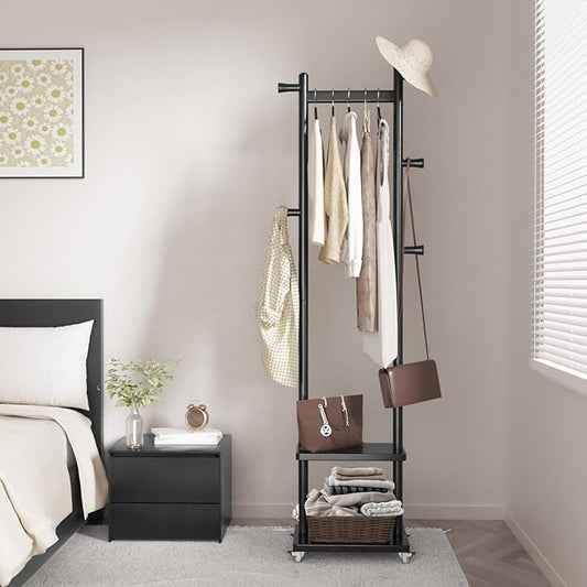 Coat Rack Freestanding Clothing Rack with Wheels & 2 Shelves Storage & 5 Hooks Heavy Duty Clothes Rack Wood Coat Tree Stand Hat Hanger Rack for Corner Bedroom Entryway Living Room Hotel