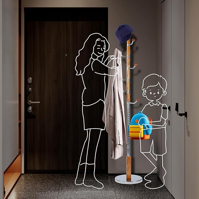 Coat Racks FreeStanding with 14 Hooks, Natural Wood Coat Rack with Solid Round Base, Adjustable Height Coat Racks, Easy Assembly for Hallway, Bedroom and Office (Solid Wood Metal Hook)