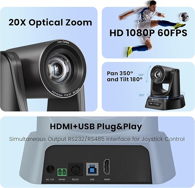 Conference Room PTZ Camera System with 20X Optical Zoom | 1080P 60fps HDMI USB Webcam for Church Streaming Online Video Conference| Compatible with Zoom, OBS | Easy Setup