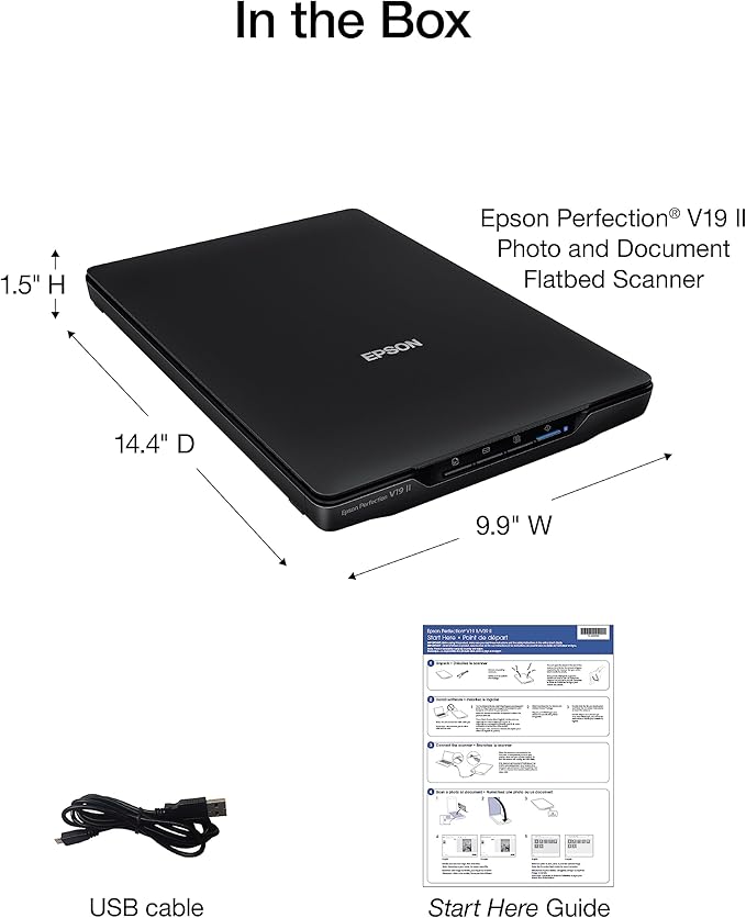 Epson Perfection V19 II Color Photo and Document Flatbed Scanner with 4800 dpi Optical Resolution, USB Power and High-Rise, Removable Lid
