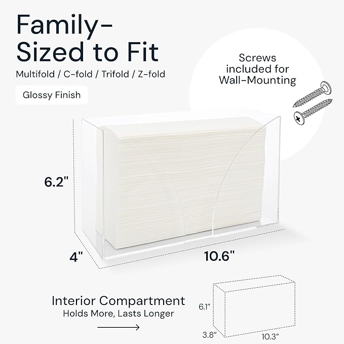 Countertop Paper Towel Holder Dispenser - Clear Acrylic Storage Holder for Kitchen or Bathroom Use for Multifold, C Fold, Trifold, Z Fold Hand Towel Napkins - Commercial or Home Use