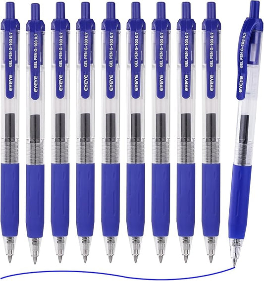 EYEYE G-103 Retractable Gel Blue Pens 0.7mm, 10 Pack Medium Point Ballpoint Pen Quick Drying, Pen Fine Point Smooth Writing Pens for Office School Supplies