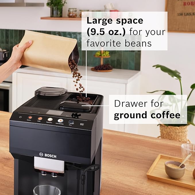 Bosch 500 Series Fully Automatic Espresso and Coffee Machine – Touch Control Panel, Milk Hose, Ceramic Grinder, Uses Beans & Ground Coffee, 9 One-Touch Drinks, in Black TPU40109