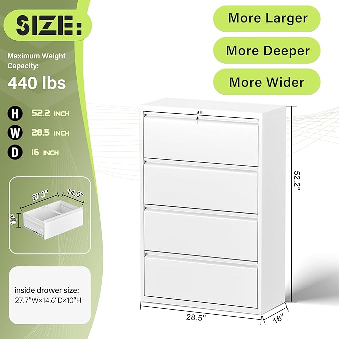 Crownland Lateral File Cabinet with 4 Drawers, 28" W Metal Lockable Office File Cabinets for Home Office- Stores Letter/Legal/A4/F4 Files(White)
