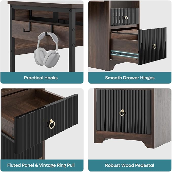 Bestier 55 Inch Computer Desk with Keyboard Tray, Modern Office Desk with Storage, Wood Writing Desk with File Drawer, Fluted Panel & 2 Hooks for Home Office & Studio, Cherry