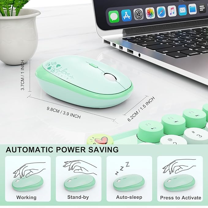 FOPETT Wireless Keyboard and Mouse Combo - 2.4G Full-Sized Cute Colorful Retro Keyboard with Round Keycaps 104 Keys Typewriter Keyboard for Laptop/Windows/PC-Green Colorful