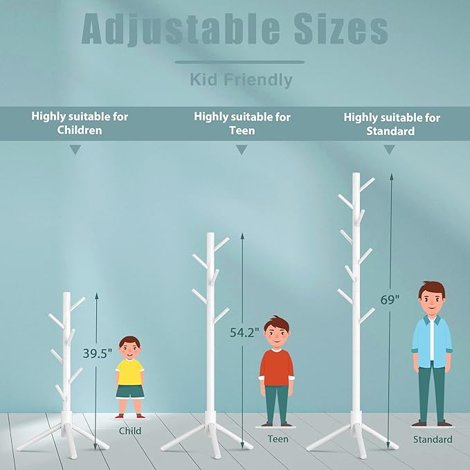 Haddockway Wooden Coat Rack Stand with 8 Hooks New Zealand Pine 3 Adjustable Coat Standing Tree Easy Assembly for Coats, Hats, Scarves and Handbags for Entryway, Hallway, Bedroom, Office, white