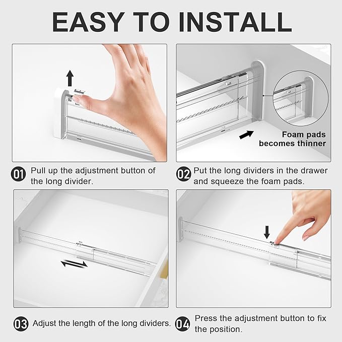 HiYZ Expandable Drawer Dividers - 12.6-22.8'' Adjustable Drawers Organizers for Kitchen Utensils, Drawer Separators in Bedroom, Dresser, Office, Bathroom, Fridge, 3 Pack Long Dividers-Clear