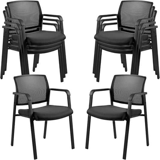 CLATINA Mesh Back Stacking Arm Chairs with Upholstered Fabric Seat and Ergonomic Lumbar Support for Office School Church Guest Reception Black 8 Pack Set New Version