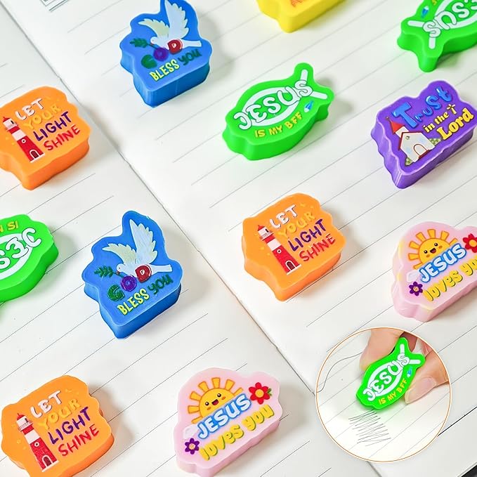 Cinrobiye 60 PCS Bible Verses Pencil Erasers Bulk Inspirational Scripture Eraser Christian Religious Favor Goody Bag Filler Gifts for Students Classroom Office Teacher Prizes Reward School Supplies