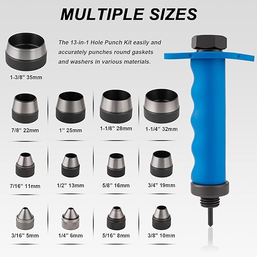 Hollow Punch Set, 14pcs Premium Leather Hole Punch Kit with Pin Point Punch Shaft, Gasket Cutting Puncher for Leather, Rubber & Plastic, 3/16" to 1-3/8"