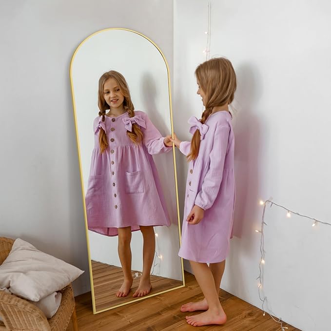 Floor Mirror Full Length, 56"X18" Gold Arch Full Length Body Mirror Wall Mounted with Thin Aluminum Frame, Tempered Glass Long Standing Mirror for Bedroom Living Room Dorm