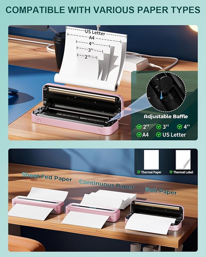 COLORWING Portable Printers Wireless for Travel, 300DPI Mini Compact Inkless Printer, Thermal Bluetooth Printer Compatible with Android and iOS Smartphone & Tablet & Laptop - Pink