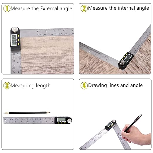 Delgada 8 inch/200mm Digital Angle Finder Ruler - Stainless Steel Protractor for Woodworking and Construction - Battery Included