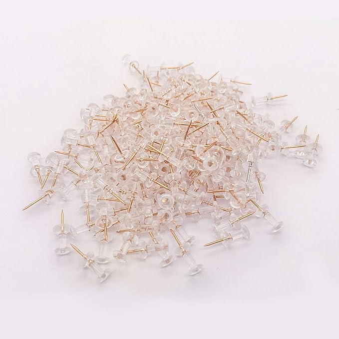Clear Push Pins 600pcs Standard Thumb Tacks with Rose Gold Steel Point Transparent Plastic Head Pins for Hanging Photo Posters Craft Marking Map Wall Cork Board