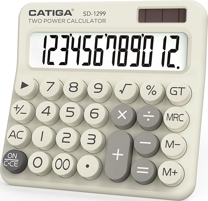 CATIGA Mechanical Switch Calculator with Solar and Battery Dual Power, 12-Digit Large LCD Display, Aesthetic and Cute Desktop Calculator with Big Button, for Home, School and Office Use, SD-1299