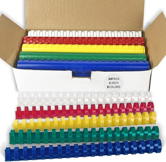 Binditek 20 Pack Plastic Binding Comb Spines, 1 Inch Diameter, 225 Sheet Capacity, 19 Ring, for Letter Size, Multi Color (White, Yellow, Red, Green, Blue), for Students and Coworkers