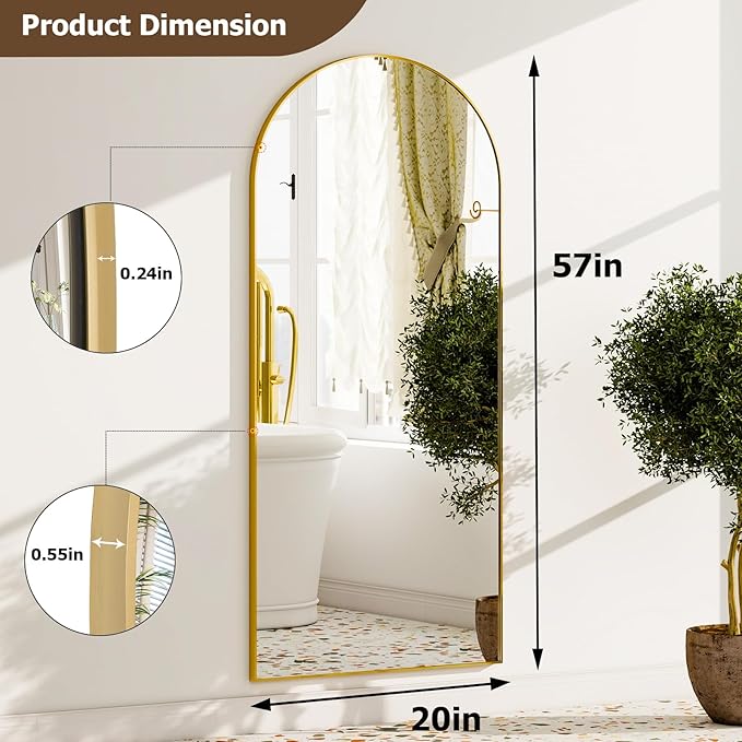 GLSLAND - 20x57 inch Arched Full Length Mirror - Floor Mirrors Aluminum Alloy Frame Full Body Dressing Mirror for Bedroom, Living Room,Black