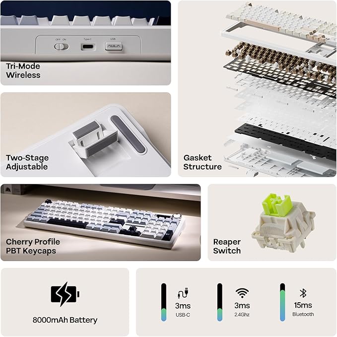 EPOMAKER X Aula F108 PRO Wireless Gaming Keyboard with Screen, 8000mAh Battery, 104 Hot-Swappable and Programmable Keys and Knob, RGB Backlight, for Mac/PC/Android (Blue&White)