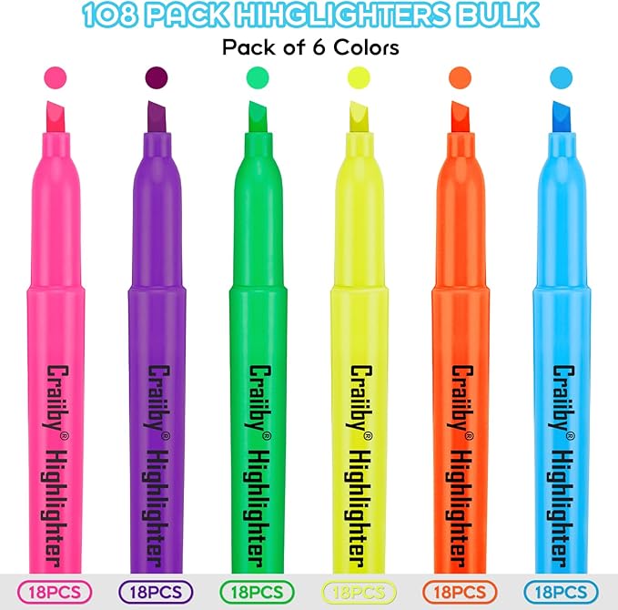 Highlighters, Chisel Tip, No Bleed, Assorted Colors, Dry-Quickly, 108 Count Bulk Pack