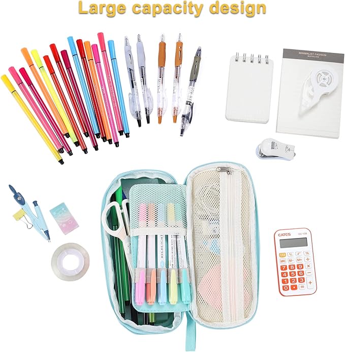 Big Pencil Case Zipper Pencil Pouch Organizer Large Capacity Pen Bag with Handle Portable for Girls Kids Adults Gift Pen Case for School Home Office Light-blue