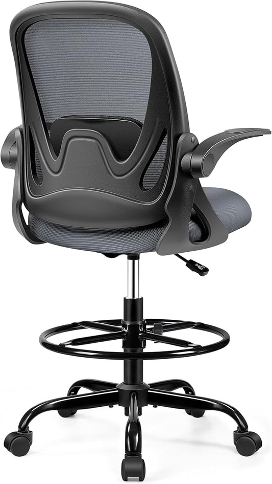 Drafting Chair Tall Office Chair with Flip-up Armrests, Adjustable Height, Enhanced Lumbar Support Ergonomic Rolling Stool, Back Support, Adjustable Foot Rest Ring for Standing Desk Dark Gray