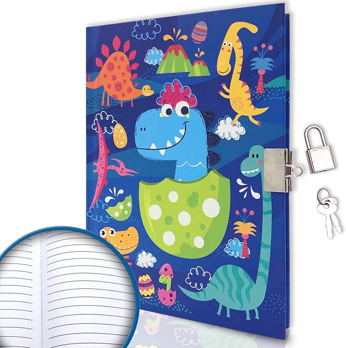 Boys Diary with Lock for Kids, 7x5.25 Inches 160 Lined Pages Secret Blue Dinosaur Notebook for Kids Journal with Lock for Boys Pre School Writing Drawing Cute Kids Gifts for Birthday