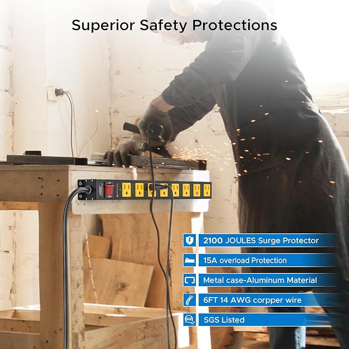 CRST 8 Outlet Metal Long Power Strip,Heavy Duty Surge Protector 2100J, 6 FT Cord Mountable Wide Spaced Workshop Garage Power Strip, 15amp/1875W