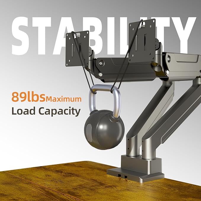 Claiks Dual Monitor Mount for Max 35 inch Screens Stand up to Max 89 lbs, Ergonomic Gas Spring Heavy-Duty Adjustable Monitor Arm, with Clamp and Grommet Base, VESA Mounting Holes 75&100mm, Black