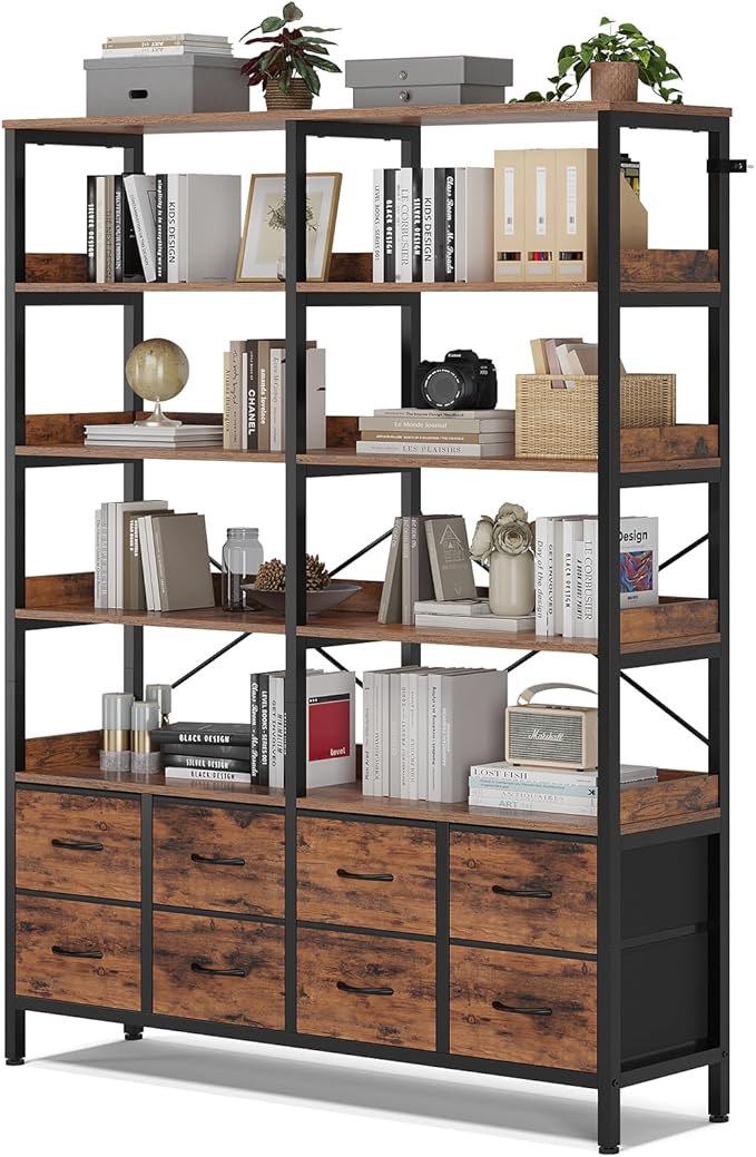Bookshelf with 8 Fabric Drawers, 7-Tier Bookcase with Baffles Display Shelves, Industrial Large Book Shelf for Living Room Home Office, Rustic Brown