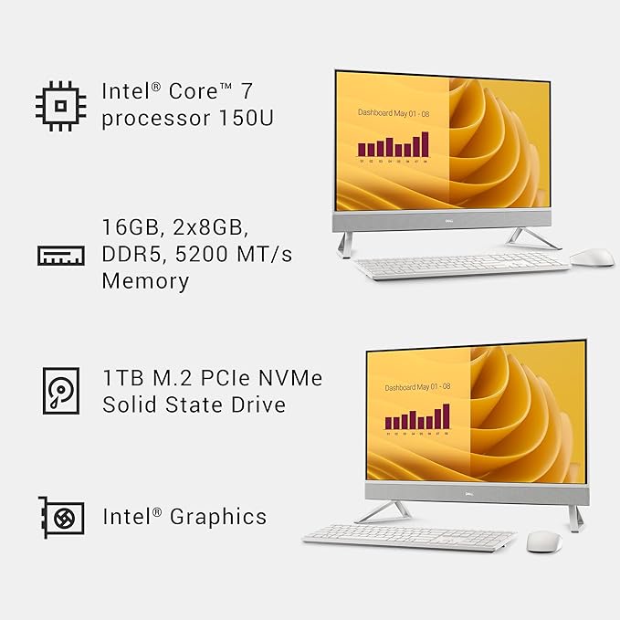 Dell 27 All-in-One Desktop ec27250-27-inch FHD (1920 x 1080) Display, Intel Core 7 Processor 150U, Intel Graphics, 16GB DDR5 RAM, 1TB SSD, Windows 11 Home, Onsite Service - White