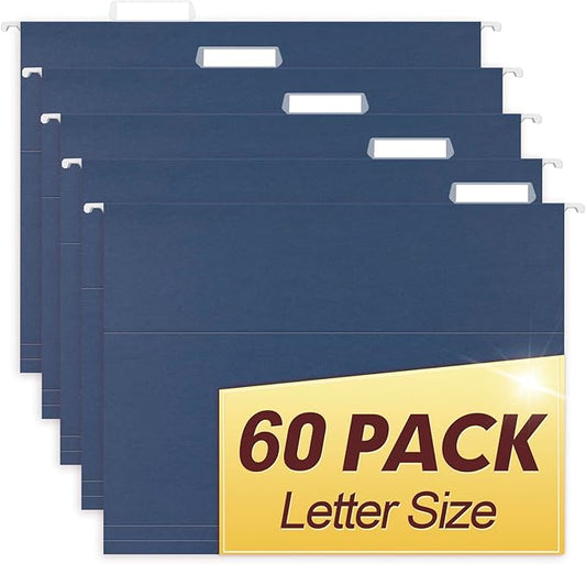HERKKA Hanging File Folders, 60 Pack Reinforced Letter Size Hanging Folders, Designed for Bulky Files, Filing Cabinet, 1/5-Cut Adjustable Tabs (Blue)