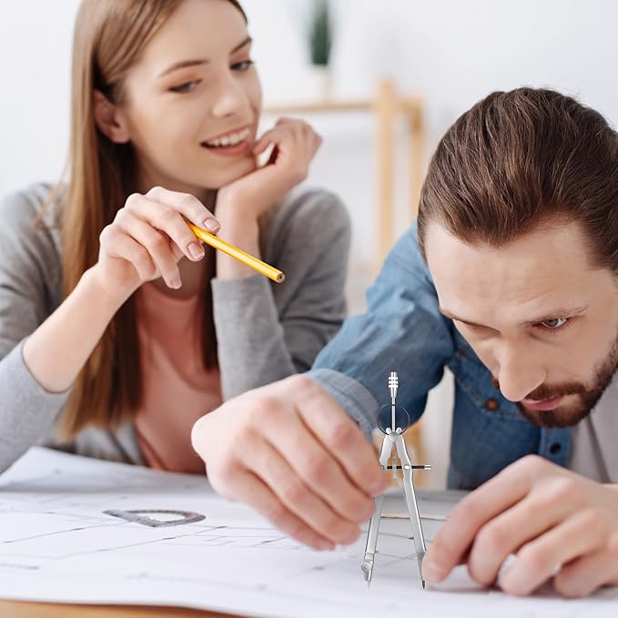 EBOOT Student Geometry Math Set, Drawing Compass and 6 Inch Clear Swing Arm Protractors 180 Degree Math Protractor (Silver)