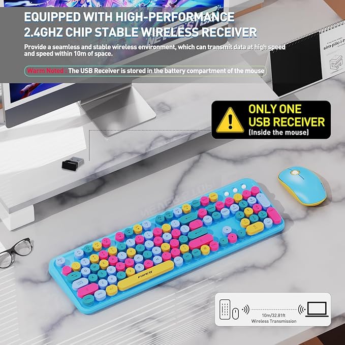 FOPETT 2.4GHz Wireless Keyboard and Mouse Set with Switch Button - Full-Size Keyboard - Compatible for Windows/Laptop/PC/Notebook/Smart TV and More - Blue Colorful