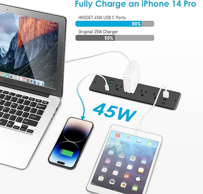 HHSOET 16 in 1 Recessed Power Strip Flat Plug, 45W Fast Charging Furniture Outlet with USB, Conference Recessed Surge Protection with 8 AC Plugs, 4 USB Ports 4 USB-C, 6ft Power Cord.(Black)