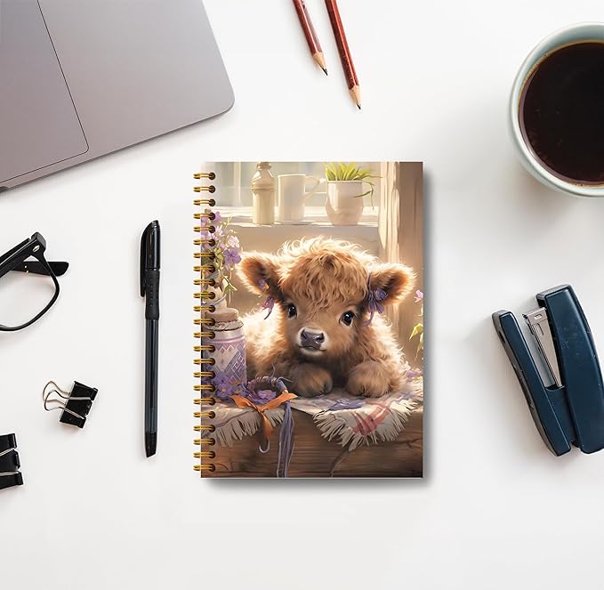 Floral Highland Cow Notebook - Western Cow Notebook, Highland Cow Office Supplies, Highland Cow Gifts, Cow Lover Gifts, Cute Cow Stuff, Cute Highland Cow with Lavender Spiral Notebook 5.5x8.3