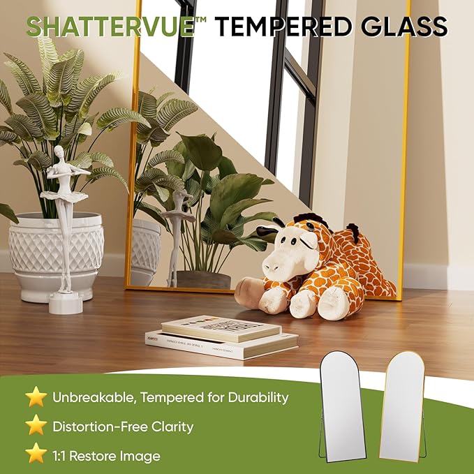 Full-Length Floor Mirror with Stand, 58"x18" Arched Style Full Body Standing Mirror for Bedroom, Living Room, Gym, Dorm - Shatter-Resistant & Easy Assembly, Gold