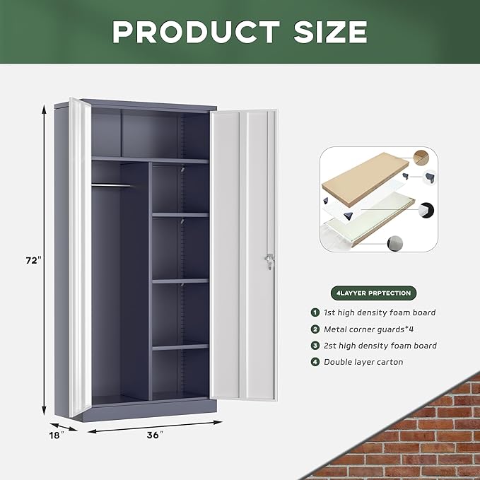 Greenvelly Metal Wardrobe Cabinet with Lock Door, 72" Metal Wardrobe Closet Cabinet with Hanging Rods and Adjustable Shelves, Steel Storage Locker Closet for Home, Office, Employee, Gym (White Grey)