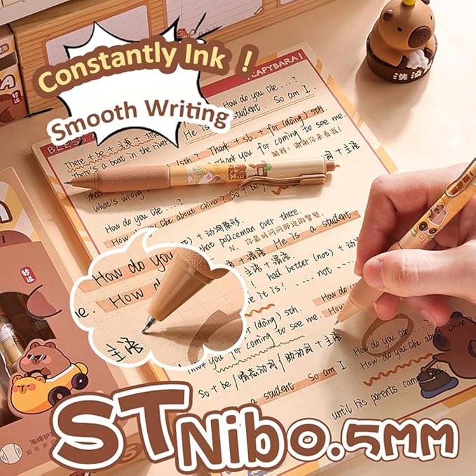 Cute Capybara Gel Pens 5Pcs Retractable Quick Dry Ink Pens 0.5mm Fine Point Black Ink Kawaii Smooth Writing Pens for School Office Supplies Aesthetic Pretty Fun Pens (Capybara)