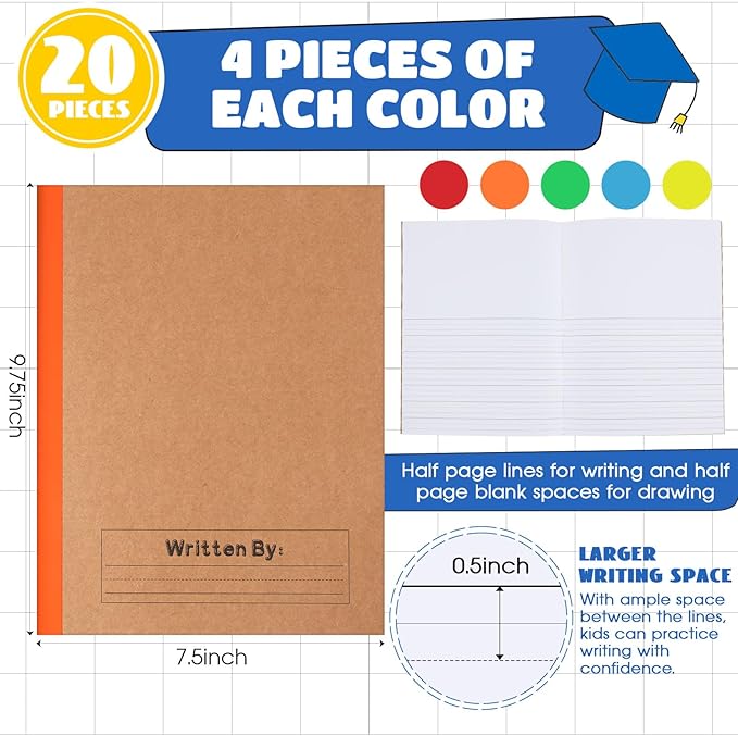 Henoyso 20 Pcs Primary Composition Notebook 9 3/4 x 7 1/2 Inch Kids Journal, Back to School Supplies, K-2 Primary Writing Notebook for Kids Student Draw and Write Story Journal (Bright Color)