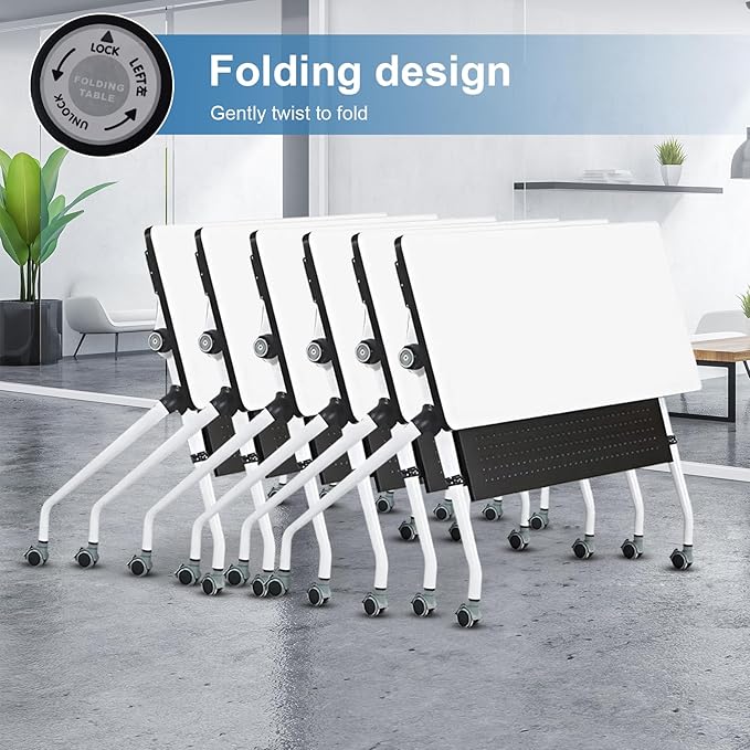Conference Table, Folding Conference Room Tables, Mobile Training Tables with Silent Wheels, Large Rectangular Modular Seminar Table Office Computer Desks for Classroom White (6Pack L55.1in)