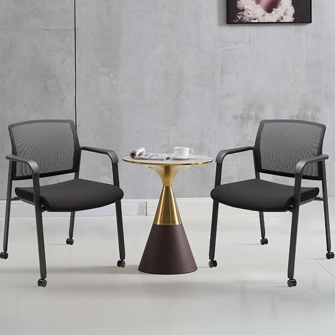 CLATINA Black Waiting Room Chair with Wheels Mesh Back Stacking Arm Chairs with Upholstered Fabric Seat and Ergonomic Lumbar Support for Office School Church Guest Reception