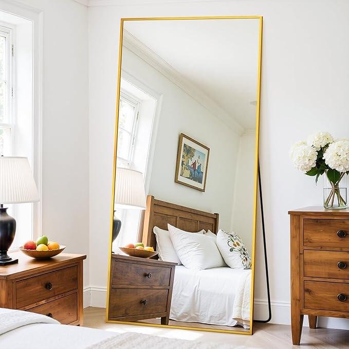 Full Length Mirror, 71"x32" Oversized Floor Mirror Freestanding, Full Body Mirror Floor Standing Mirrors with Stand, Hanging Mounted Mirrors for Bedroom Living Room, Gold, Rect Style