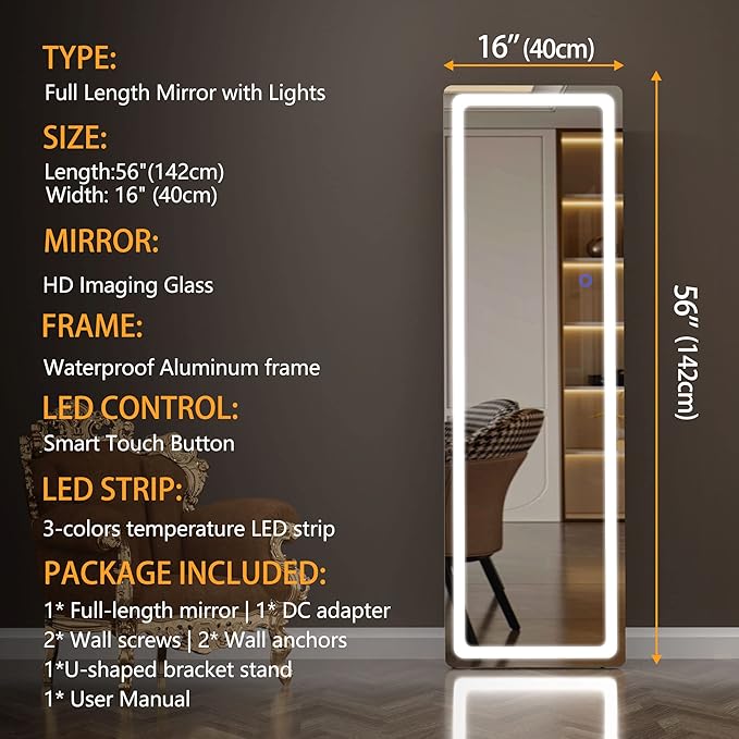Hasipu Full Length Mirror with Lights, 56" x 16" LED Floor Mirror, Full Body Dressing Standing, Hanging Mounted Mirror for Living Room Bedroom Cloakroom, Round White